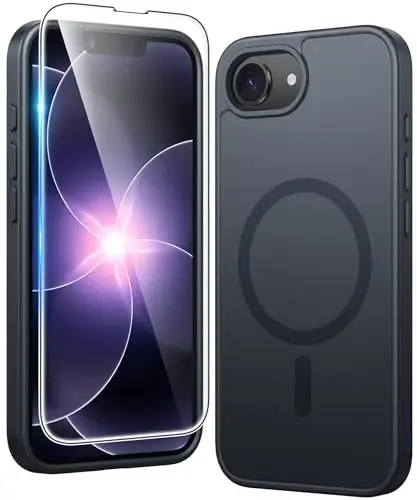 FNTCASE for iPhone 17e & iPhone 16e Case: [Compatible with MagSafe] [Screen Protector] Matte Textured Military Grade Drop Protection Silicone Slim Rugged Shockproof Phone Cover Black - 1