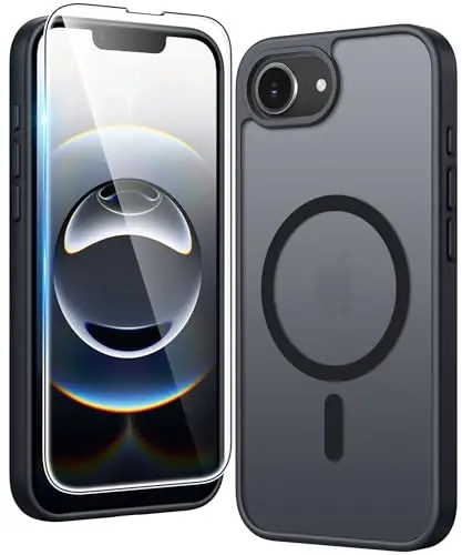 FNTCASE for iPhone 17e & iPhone 16e Case Matte: Magnetic Phone Cases with Screen Protector Drop Proof Compatible with Magsafe Slim Anti Yellowing Protective Translucent Cell Phone Cover (C-Black) - 1