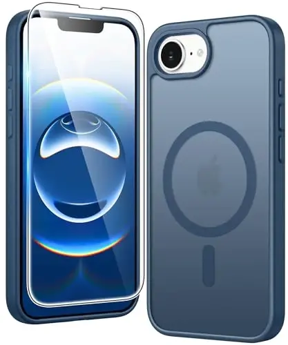 FNTCASE for iPhone 17e & iPhone 16e Case Matte: Magnetic Phone Cases with Screen Protector Drop Proof Compatible with Magsafe Slim Anti Yellowing Protective Translucent Cell Phone Cover (C-Blue) - FNTCASE