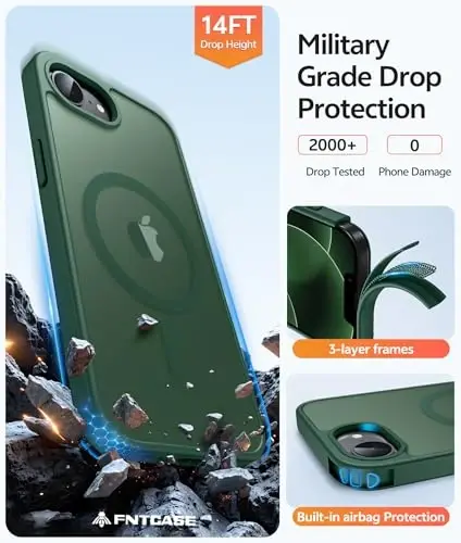 FNTCASE for iPhone 17e Case: iPhone 16e Phone Case [Compatible with Magsafe] Translucent Matte Cases with [Screen Protector] Military Grade Shockproof Protective Phone Cover - Green - 5