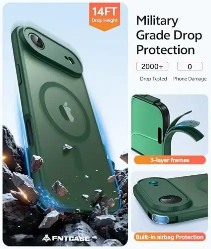FNTCASE for iPhone Air Case: Magnetic Translucent Matte [Full Covered Camera Protection] [Screen Protector] Military Shockproof Slim Cover Drop Proof Protective 17 Air 2025 Phone Cases - Green - 5
