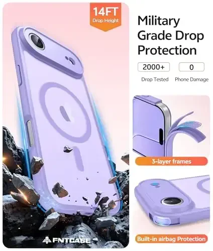 FNTCASE for iPhone Air Case: Magnetic Translucent Matte [Full Covered Camera Protection] [Screen Protector] Military Shockproof Slim Cover Drop Proof Protective 17 Air 2025 Phone Cases - Light Purple - 5