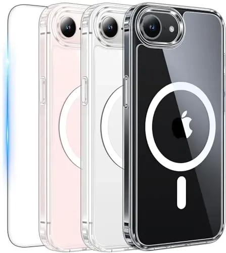 FNTCASE for iPhone 17e & iPhone 16e Case Clear: Magnetic Cases with 1 Pack Screen Protector Compatible with Magsafe Anti Yellowing Shockproof Protective Transparent Cell Phone Cover (A-Clear) 