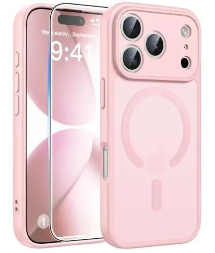 FNTCASE for iPhone 17-Pro Case Pink: Translucent Compatible with MagSafe | With Screen Protector, Magnetic Full Camera Protection Slim Cases, 14FT Military Grade Drop Tested, Matte Shockproof Cover 