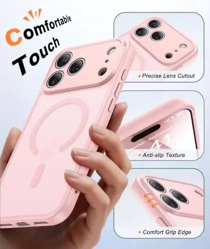 FNTCASE for iPhone 17-Pro Case Pink: Translucent Compatible with MagSafe | With Screen Protector, Magnetic Full Camera Protection Slim Cases, 14FT Military Grade Drop Tested, Matte Shockproof Cover - 5