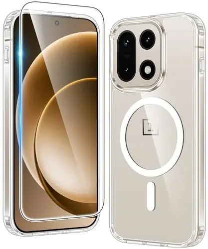 FNTCASE for Oneplus 15 Case Clear: One Plus 15 Case with Screen Protector Drop Proof Compatible with Magsafe Slim Anti Yellowing Rugged Shockproof Protective Transparent Cover (Clear Magnetic) - 1