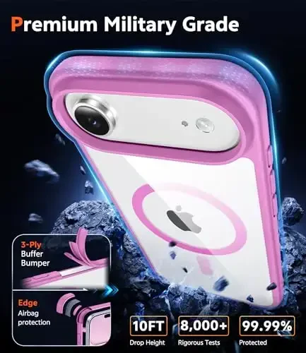 FNTCASE for Phone 17 Air Case: Clear Anti Yellowing Magnetic Military Grade Drop Protection Cell Phone Cover - Rugged Shockproof Protective Bumper Transparent Phonecase (B-Pink) - 6