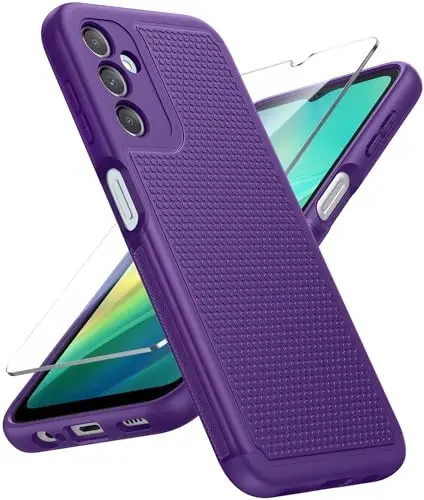 FNTCASE for Galaxy A14-5G Phone Case: Samsung A14 5G Military Grade Drop Protection, 14ft Drop Tested, Screen Protector Included, Anti-Slip Matte Textured, TPU+PC Dual Layer Shockproof Cover (Purple) 
