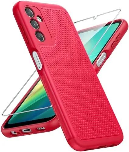 FNTCASE for Samsung Galaxy A14 5G Case: Dual Layer Protective Heavy Duty Cell Phone Cover Shockproof Rugged with Non Slip Textured Back - Military Protection Bumper Tough - 2023, 6.6inch (Red) 
