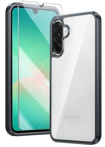 FNTCASE for Samsung Galaxy A26-5G Case: Clear Military Grade Drop Protection Anti Yellowing Cell Phone Cover - Rugged Shockproof Protective Bumper Transparent Case(Black) 