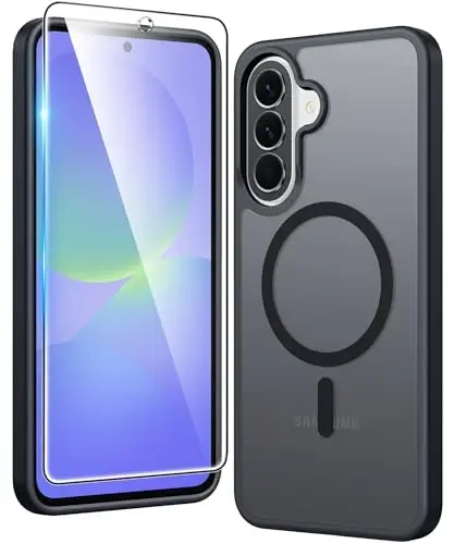 FNTCASE for Samsung Galaxy A37-5G Case: Matte Translucent A36 Phone Cases with Screen Protector Lens Protection Compatible with Magsafe Rugged Protective Cell Cover (Frosted Black Magnetic) - FNTCASE
