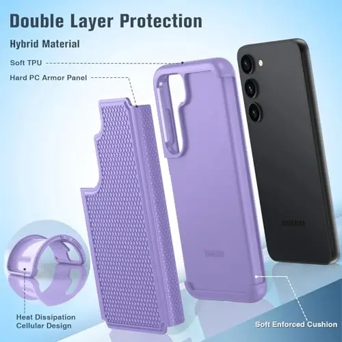 FNTCASE for Samsung Galaxy S23 Case: Dual Layer Heavy Duty Cell Phone Protective Cover Shockproof Rugged with Non-Slip Textured - Military Drop Protection Bumper Tough - 2023, 6.1inch Light Purple - 3