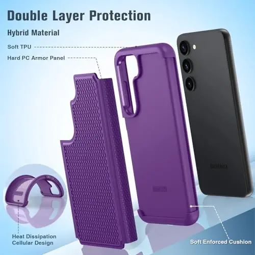 FNTCASE for Samsung Galaxy S23 Case: Dual Layer Heavy Duty Cell Phone Protective Cover Shockproof Rugged with Non-Slip Textured - Military Drop Protection Bumper Tough - 2023, 6.1inch Purple - 3