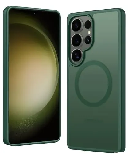 FNTCASE for Samsung Galaxy S23-Ultra Case: Matte Magnetic Translucent Phone Cases Lens Protection Compatible with Magsafe Rugged Protective Cell Cover (C-Dark Green) 