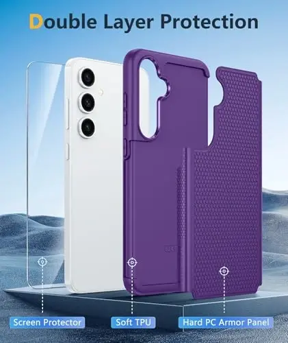FNTCASE for Samsung Galaxy S24-FE Case: Dual Layer Protective Heavy Duty Cell Phone Cover | Shockproof Rugged with Non-Slip Textured | Military Grade Drop Protection Bumper Tough (Purple) - 3