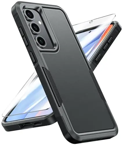 FNTCASE for Samsung Galaxy S24-FE Case: Dual Layer Rugged Protective Cell Phone Cover | Heavy Duty Non-Slip Durable Shockproof Cases | Military Grade Drop Proof Protection Bumper Tough (Black) - FNTCASE