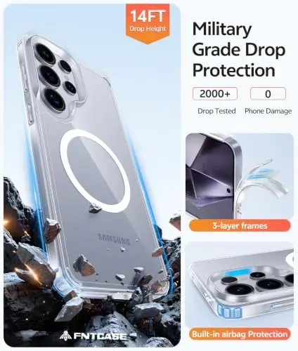 FNTCASE for Samsung Galaxy S24 Ultra Case: [Fit for Magsafe] Anti Yellowing Transparent Clear with [Screen Protector] Military Grade Shockproof Protective Phone Cover - 6