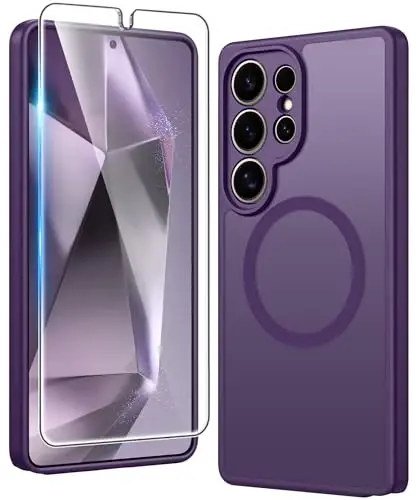 FNTCASE for Samsung Galaxy S24-Ultra Case: Matte Magnetic Translucent Phone Cases with Screen Protector Lens Protection Compatible with Magsafe Rugged Protective Cell Cover (C-Dark Purple) 