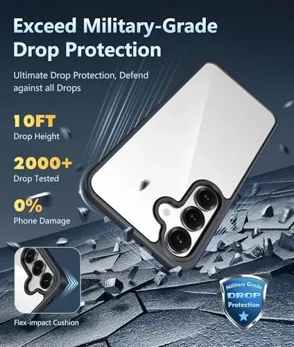 FNTCASE for Samsung Galaxy S25 Case: for Galaxy S24 Case Military Grade Drop Protection Anti Yellowing Cell Phone Cover - Rugged Shockproof Protective Bumper Transparent Cases(Black) - 3