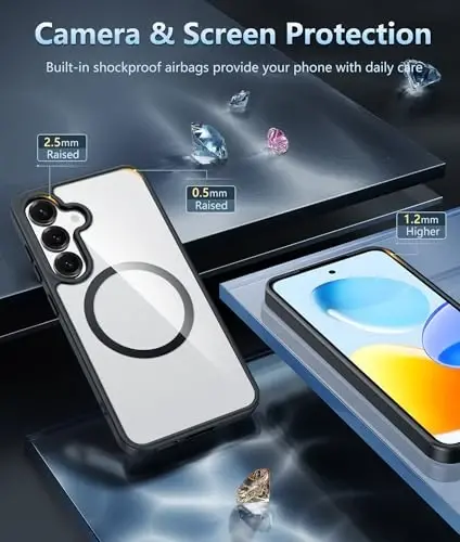 FNTCASE for Samsung Galaxy S25 Case: for Galaxy S24 Clear Magnetic Military Grade Drop Protection Shockproof Anti Yellowing Cell Phone Cover - Slim Rugged Protective Bumper Transparent Cases(Black) - 5