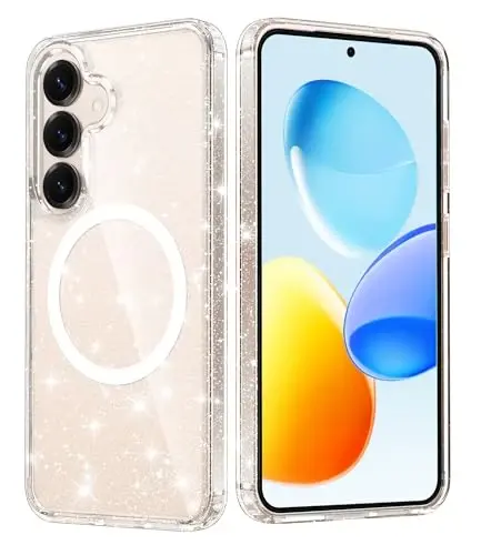 FNTCASE for Samsung Galaxy S25 Case: for Galaxy S24 Clear Magnetic Military Grade Drop Protection Shockproof Anti Yellowing Cell Phone Cover - Slim Rugged Protective Bumper Transparent Cases(Glitter) - 1