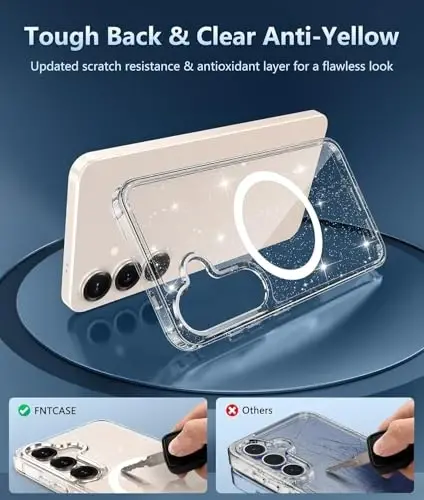 FNTCASE for Samsung Galaxy S25 Case: for Galaxy S24 Clear Magnetic Military Grade Drop Protection Shockproof Anti Yellowing Cell Phone Cover - Slim Rugged Protective Bumper Transparent Cases(Glitter) - 3