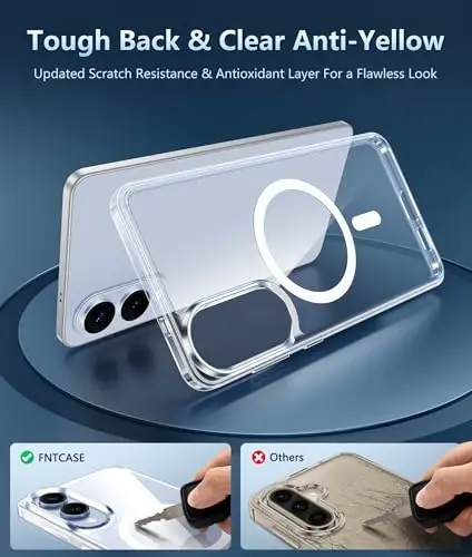 FNTCASE for Samsung Galaxy S25-Edge Case: Clear Magnetic Military Grade Drop Protection Anti Yellowing Cell Phone Cover - Rugged Shockproof Protective Bumper Transparent Phonecase - 5