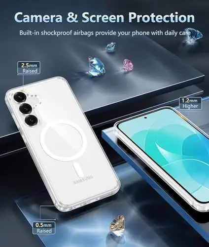 FNTCASE for Samsung Galaxy S25-FE Case: Magnetic Clear Military Grade Drop Protection Anti Yellowing Cell Phone Cover - Rugged Shockproof Protective Bumper Transparent Phonecase - 5