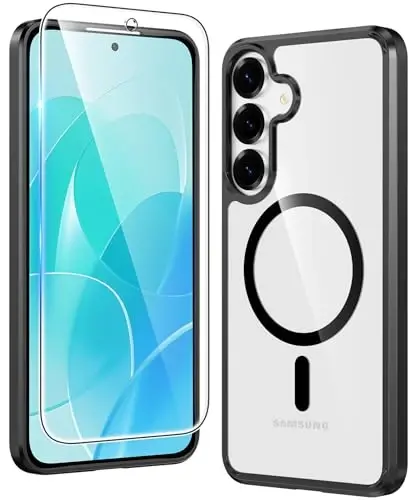 FNTCASE for Samsung Galaxy S25-FE Case: Magnetic Clear Military Grade Drop Protection Anti Yellowing Cell Phone Cover - Rugged Shockproof Protective Bumper Transparent Phonecase(Black) 