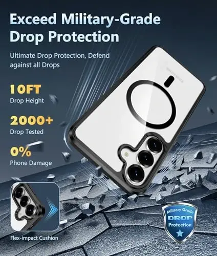 FNTCASE for Samsung Galaxy S25-FE Case: Magnetic Clear Military Grade Drop Protection Anti Yellowing Cell Phone Cover - Rugged Shockproof Protective Bumper Transparent Phonecase(Black) - 4
