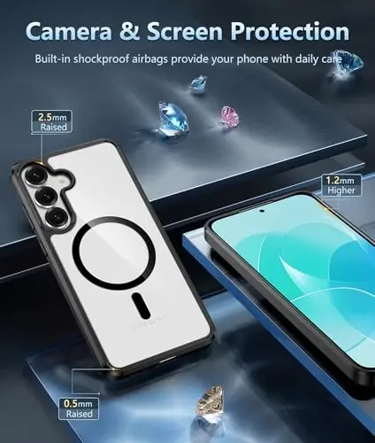 FNTCASE for Samsung Galaxy S25-FE Case: Magnetic Clear Military Grade Drop Protection Anti Yellowing Cell Phone Cover - Rugged Shockproof Protective Bumper Transparent Phonecase(Black) - 5