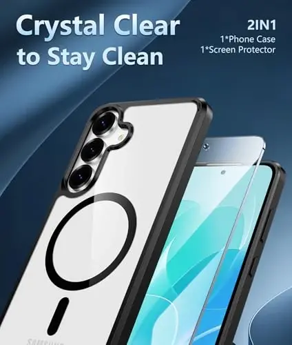 FNTCASE for Samsung Galaxy S25-FE Case: Magnetic Clear Military Grade Drop Protection Anti Yellowing Cell Phone Cover - Rugged Shockproof Protective Bumper Transparent Phonecase(Black) - 6