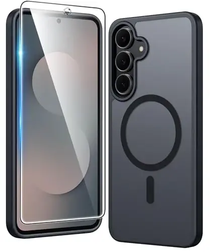 FNTCASE for Samsung Galaxy S25-FE Case: Magnetic Matte Phone Cases with Screen Protector Drop Proof Compatible with Magsafe Slim Rugged Shockproof Protective Translucent Cell Cover (C-Frosted Black) - FNTCASE