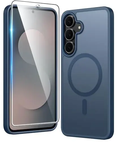 FNTCASE for Samsung Galaxy S25-FE Case: Magnetic Matte Phone Cases with Screen Protector Drop Proof Compatible with Magsafe Slim Rugged Shockproof Protective Translucent Cell Cover (C-Frosted Blue) 