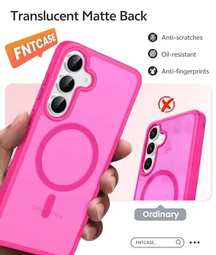 FNTCASE for Samsung Galaxy S25 FE Case: Magnetic Translucent Matte Military Grade Drop Proof Protection Cell Phone Cover - Slim Rugged Durable Shockproof Protective S25Fe Cases (Hot Pink-6.7 inch) - 1
