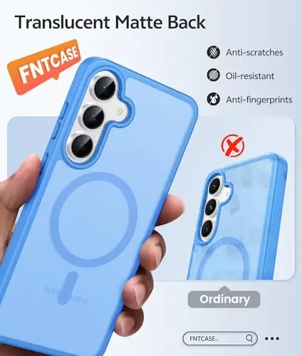 FNTCASE for Samsung Galaxy S25 FE Case: Magnetic Translucent Matte Military Grade Drop Proof Protection Cell Phone Cover - Slim Rugged Durable Shockproof Protective S25Fe Cases (Ice Blue-6.7 inch) 