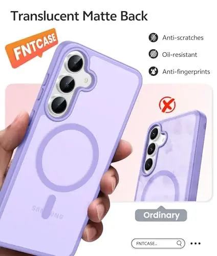 FNTCASE for Samsung Galaxy S25 FE Case: Magnetic Translucent Matte Military Grade Drop Proof Protection Cell Phone Cover - Slim Rugged Durable Shockproof Protective S25Fe Cases (Light Purple-6.7 inch) - 1