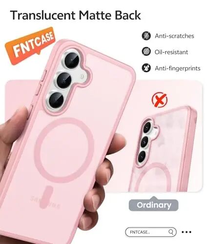 FNTCASE for Samsung Galaxy S25 FE Case: Magnetic Translucent Matte Military Grade Drop Proof Protection Cell Phone Cover - Slim Rugged Durable Shockproof Protective S25Fe Cases (Pink-6.7 inch) - FNTCASE