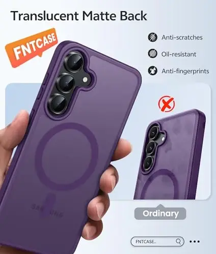 FNTCASE for Samsung Galaxy S25 FE Case: Magnetic Translucent Matte Military Grade Drop Proof Protection Cell Phone Cover - Slim Rugged Durable Shockproof Protective S25Fe Cases (Purple-6.7 inch) 