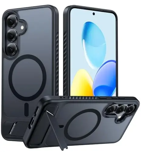 FNTCASE for Samsung Galaxy S25-Plus Case: [Magnetic Stand] [Compatible with Magsafe] Translucent Matte Military Grade Shockproof Drop Rugged Protective Phone Cover, Black - 1