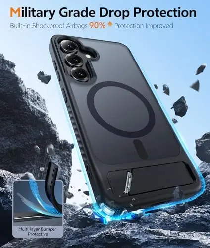FNTCASE for Samsung Galaxy S25-Plus Case: [Magnetic Stand] [Compatible with Magsafe] Translucent Matte Military Grade Shockproof Drop Rugged Protective Phone Cover, Black - 5