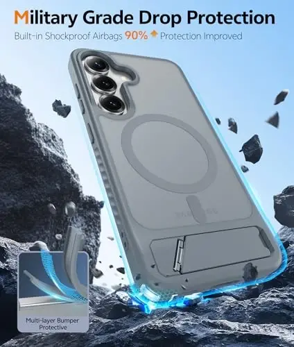 FNTCASE for Samsung Galaxy S25-Plus Case: [Magnetic Stand] [Compatible with Magsafe] Translucent Matte Military Grade Shockproof Drop Rugged Protective Phone Cover, Gray - 5