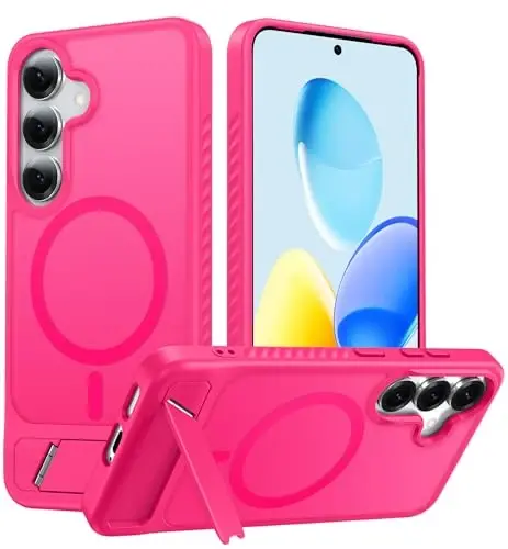 FNTCASE for Samsung Galaxy S25-Plus Case: [Magnetic Stand] [Compatible with Magsafe] Translucent Matte Military Grade Shockproof Drop Rugged Protective Phone Cover, Hot Pink 