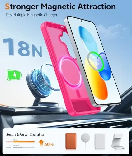 FNTCASE for Samsung Galaxy S25-Plus Case: [Magnetic Stand] [Compatible with Magsafe] Translucent Matte Military Grade Shockproof Drop Rugged Protective Phone Cover, Hot Pink - 3