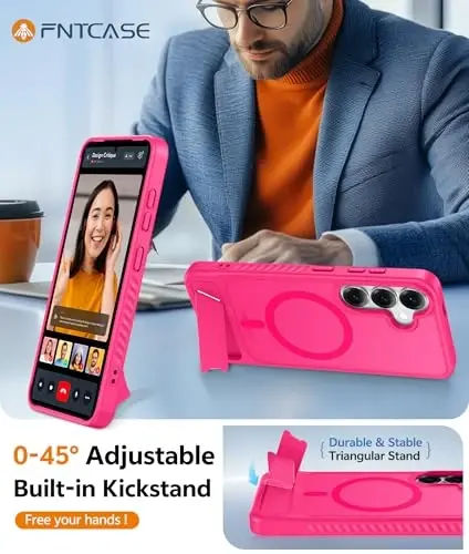 FNTCASE for Samsung Galaxy S25-Plus Case: [Magnetic Stand] [Compatible with Magsafe] Translucent Matte Military Grade Shockproof Drop Rugged Protective Phone Cover, Hot Pink - 4