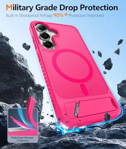 FNTCASE for Samsung Galaxy S25-Plus Case: [Magnetic Stand] [Compatible with Magsafe] Translucent Matte Military Grade Shockproof Drop Rugged Protective Phone Cover, Hot Pink - 5