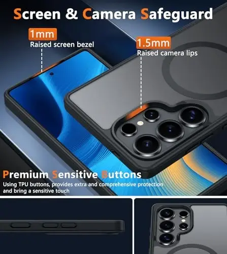FNTCASE for Samsung Galaxy S25-Ultra Case: Magnetic Matte Military Grade Drop Protection Translucent Cell Phone Cover - Slim Rugged Durable Shockproof Protective Phonecase - 6.9 inches (Black) - 1
