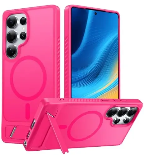 FNTCASE for Samsung Galaxy S25-Ultra Case: [Magnetic Stand] [Compatible with Magsafe] Translucent Matte Military Grade Shockproof Drop Rugged Protective Phone Cover, Hot Pink - 1