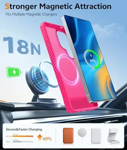 FNTCASE for Samsung Galaxy S25-Ultra Case: [Magnetic Stand] [Compatible with Magsafe] Translucent Matte Military Grade Shockproof Drop Rugged Protective Phone Cover, Hot Pink - 4