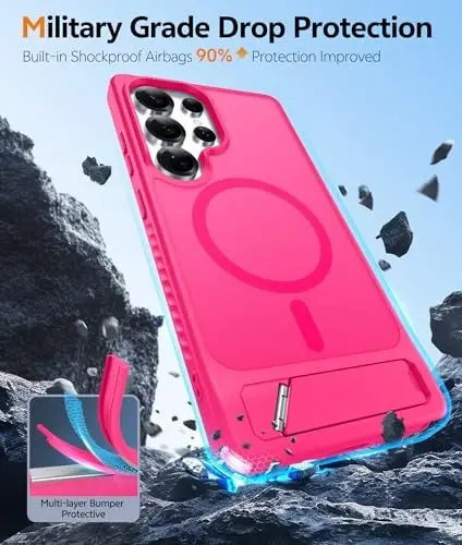 FNTCASE for Samsung Galaxy S25-Ultra Case: [Magnetic Stand] [Compatible with Magsafe] Translucent Matte Military Grade Shockproof Drop Rugged Protective Phone Cover, Hot Pink - 5